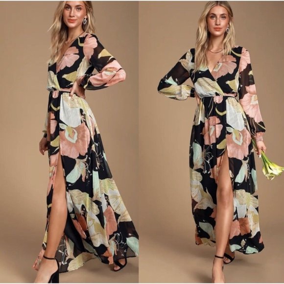 Lulus Dresses & Skirts - New Lulus Maxi Dress Womens Size Small Wondrous Water Lilies Black Floral Print